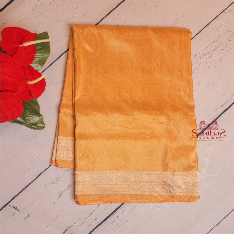 YELLOW COLOUR KATHAN SAREE WITH GOLDEN ZARI BORDER AND SELF BLOUSE
