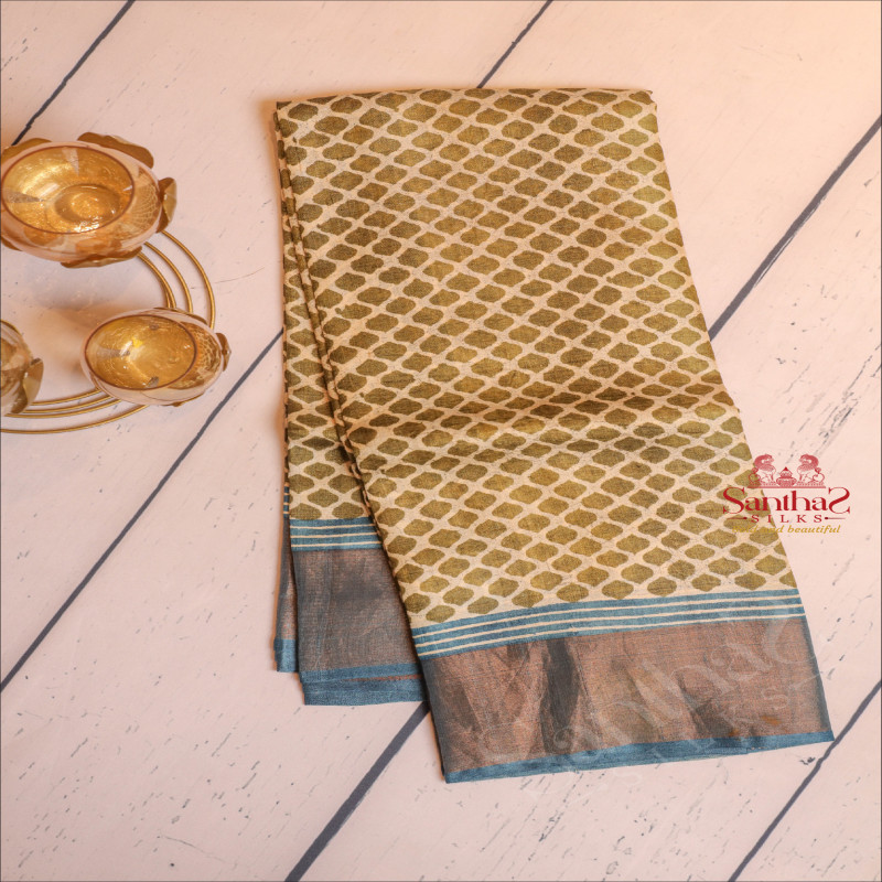 GREEN COLOUR TUSSAR SAREE WITH FANCY MOTIF WITH CONTRAST BLOUSE & BORDER