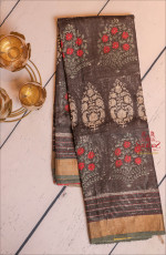 BLACK COLOUR TUSSAR SAREE WITH DIGITAL PRINT FLORAL MOTIFS WITH CONTRAST BLOUSE