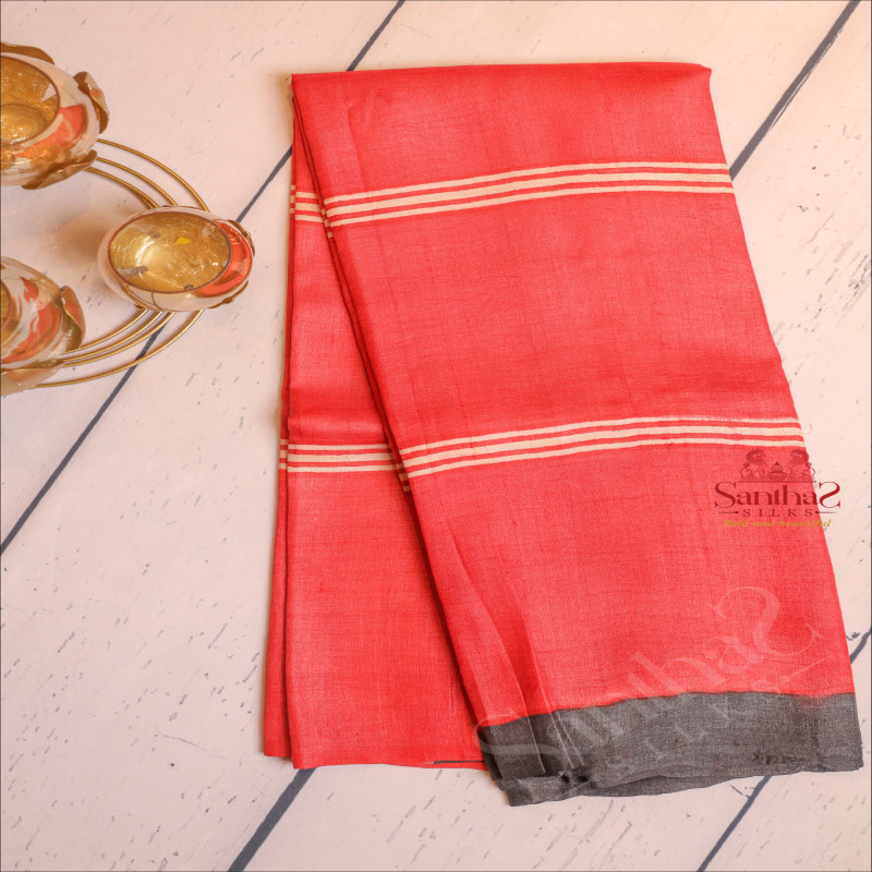 RED COLOUR TUSSAR SAREE WITH BLACK BORDER AND CONTRAST BLOUSE & PALLU