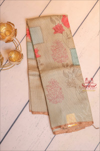 checked-tussar-saree-artichoke-green-colour-with-digital-print-floral-motif-with-copper-zari-border-contrast-blouse