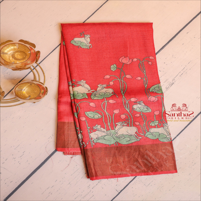 CHERRY RED COLOUR TUSSAR SAREE