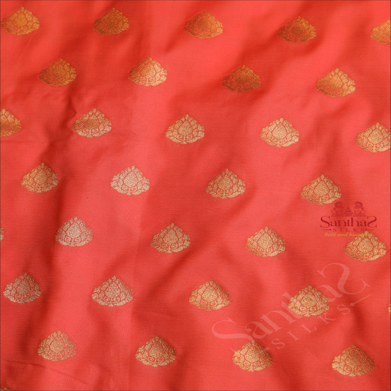 PURE BANARAS SILK SAREE IN PEACH PINK WITH RED COLOUR PALLU & BLOUSE