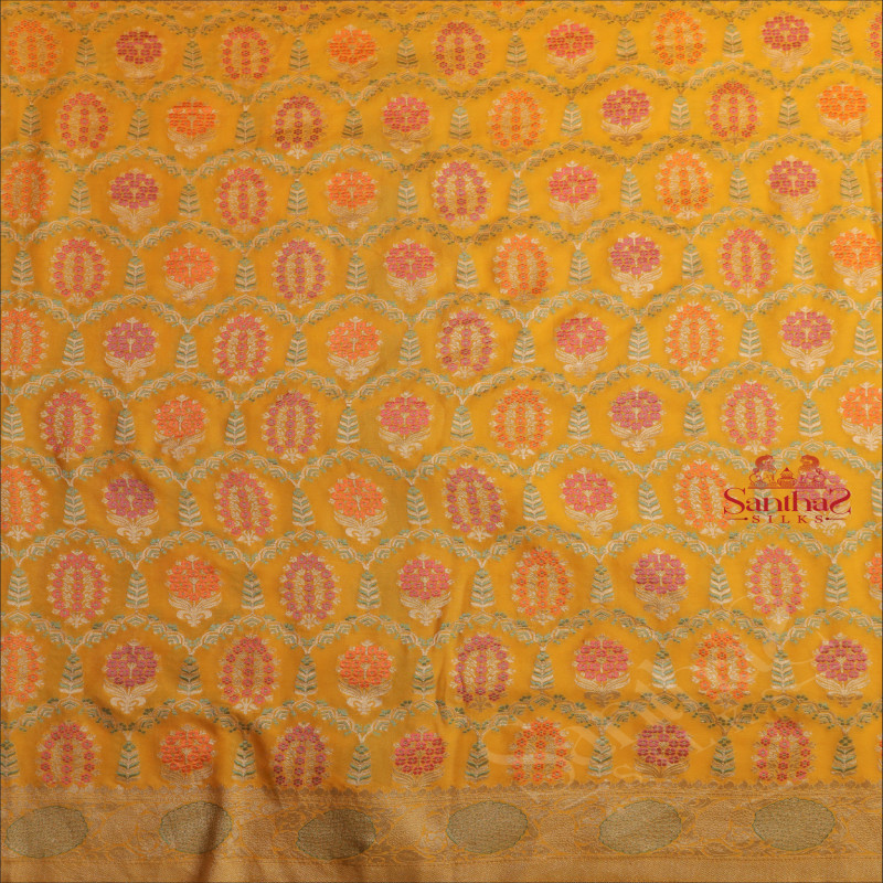 GEORGETTE BANARAS SILK SAREE IN LIGHT YELLOW COLOUR WITH SELF COLOUR BLOUSE