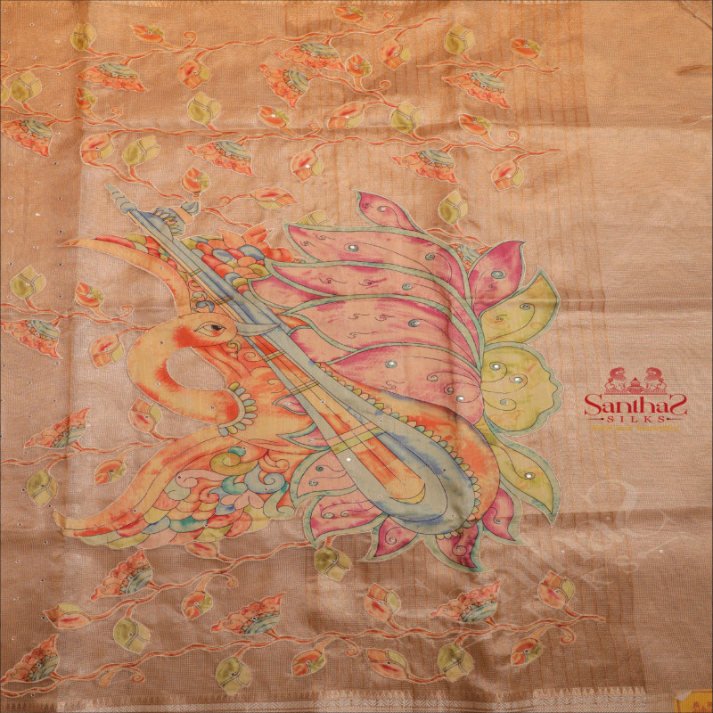 KOTA TISSUE SAREE WITH CRANE & FLORAL APPLICK WORK IN METALIC COPPER COLOUR