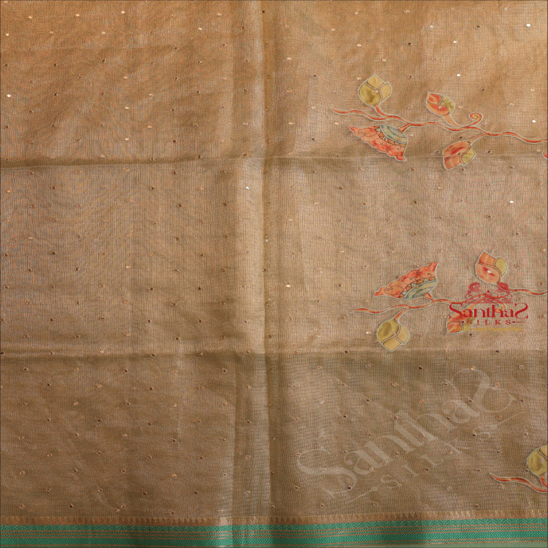 KOTA TISSUE SAREE WITH CRANE & FLORAL APPLICK WORK IN GREEN COLOUR