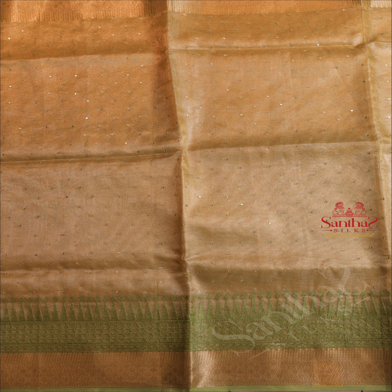 KOTA TISSUE SAREE IN LIME GREEN COLOUR WITH MIRRON WORK EMBORIDERY AND GOLDEN ZARI BORDER