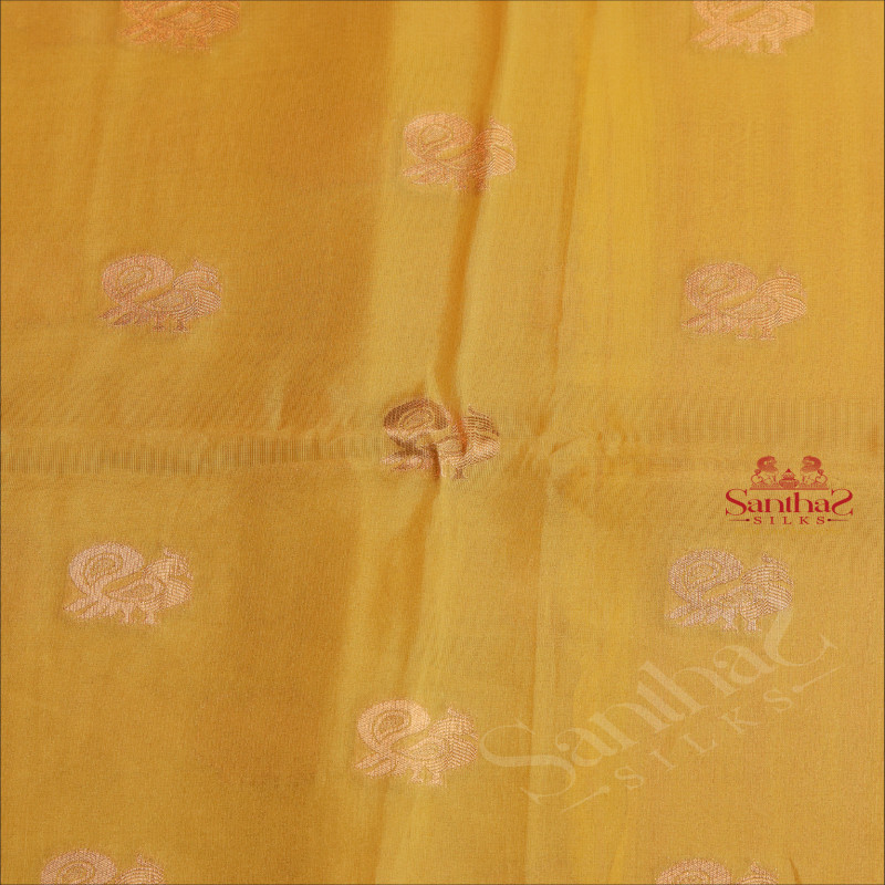 SATIN TISSUE BANARAS SAREE IN FLOURESCENT YELLOW WITH PEACOCK MOTIFS