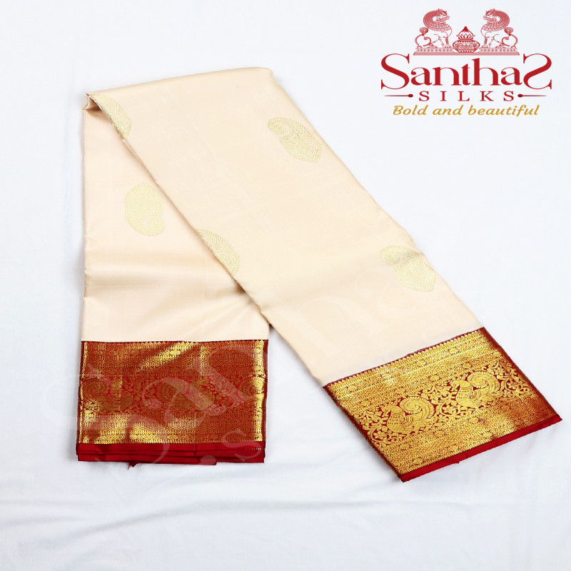 Half White Body Mango Motif with Red Peacock Korvai Border