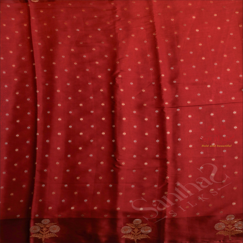 SATIN BANARAS SAREE IN WINE COLOUR WITH GOLDEN ZARI BUTTAS