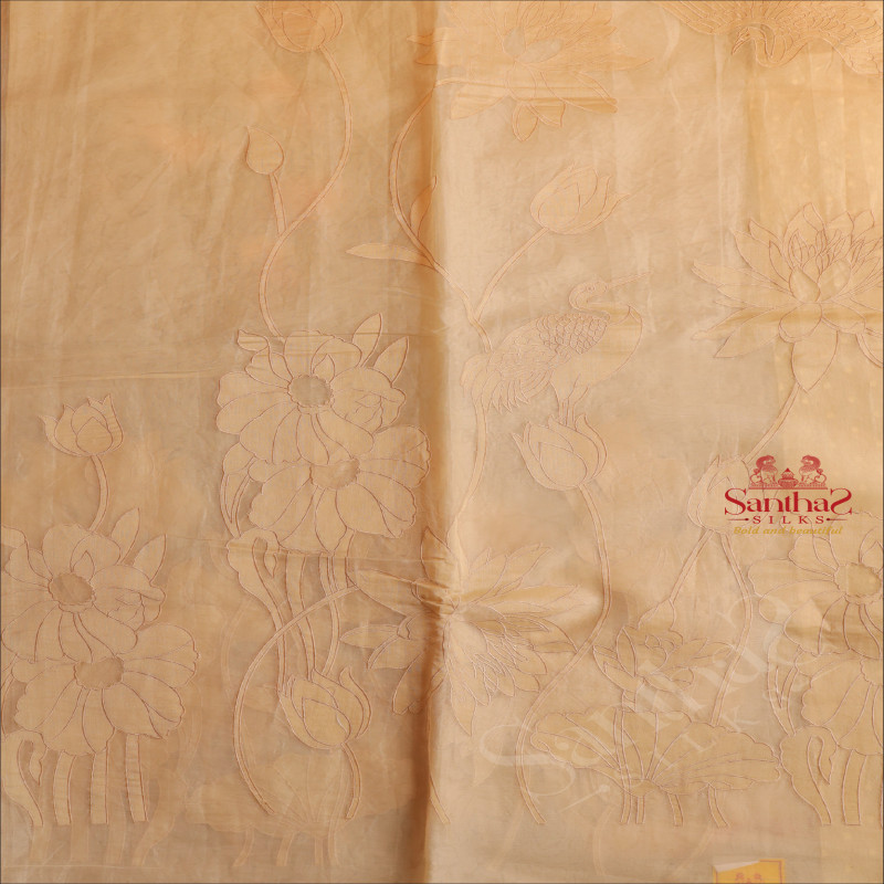 SANDAL COLOUR ORGANZA TISSUE SAREE WITH FLORAL PATTERN WITH SELF BLOUSE