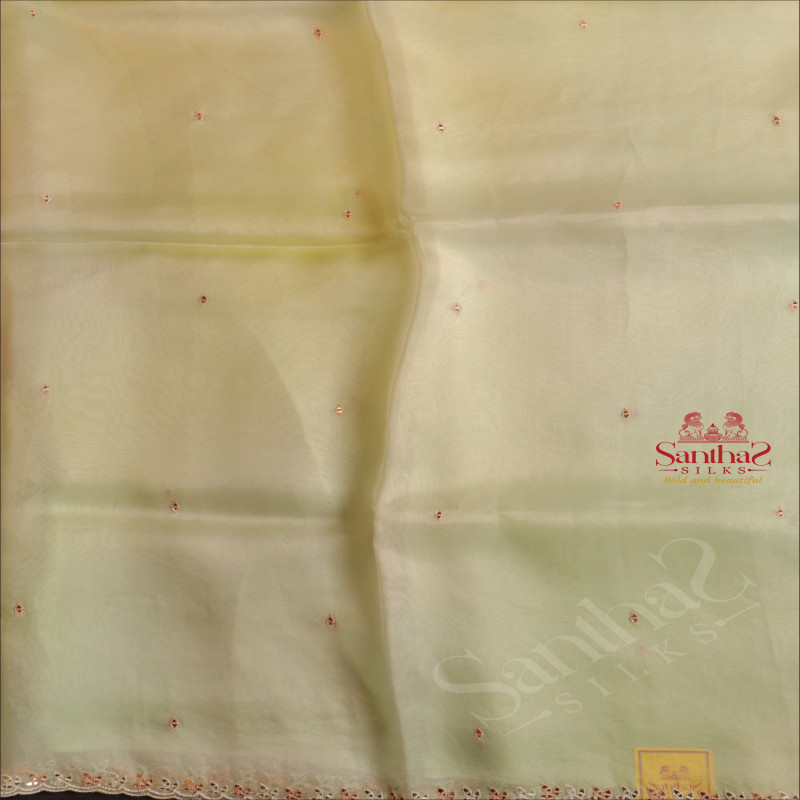 PISTHA COLOUR ORGANZA TISSUE SAREE WITH MIRROR WORK SCALLOP BORDER WITH SELF BLOUSE