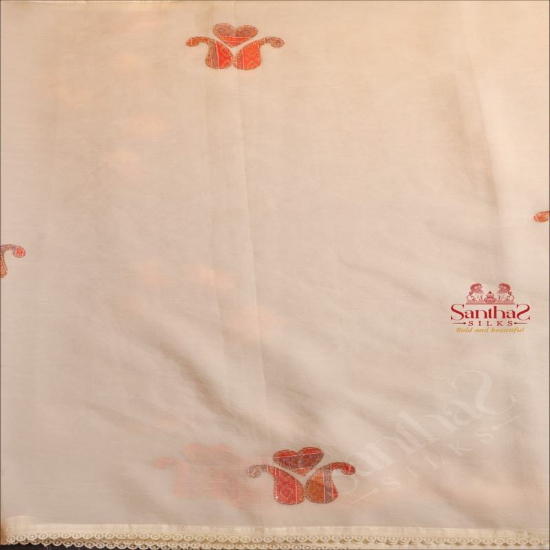 WHITE COLOUR CRUSH TISSUE SAREE WITH FANCY MOTIF WITH CONTRAST RED COLOUR DESIGN BLOUSE