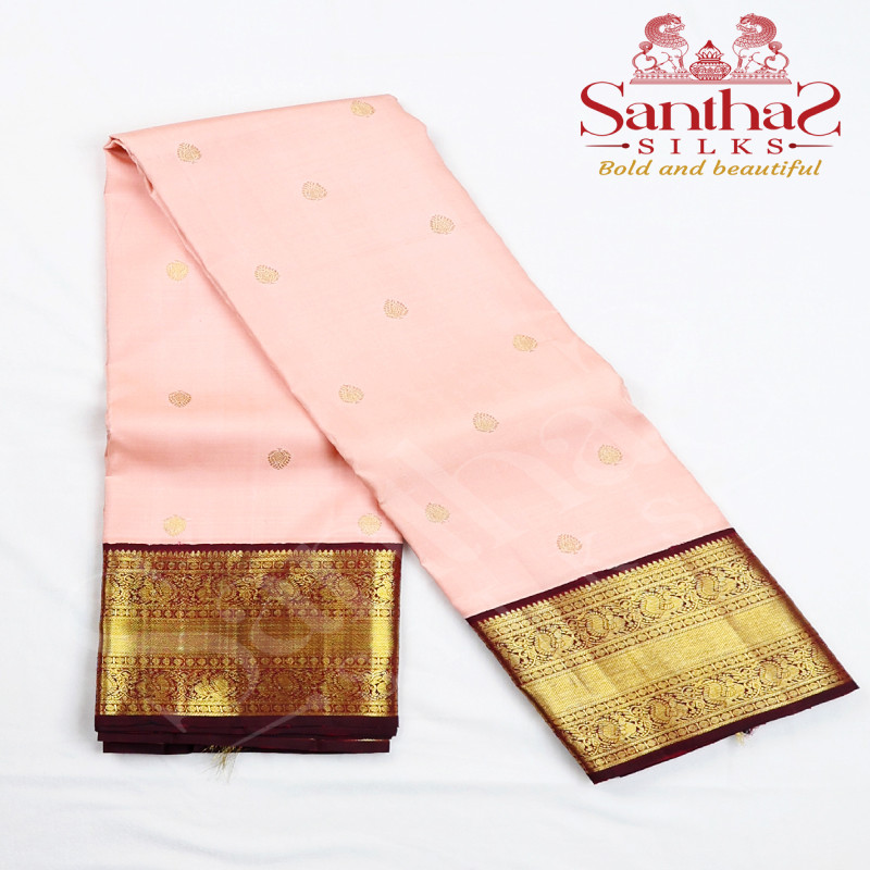 Peach Body Leaf Butta with Wine Maroon Border