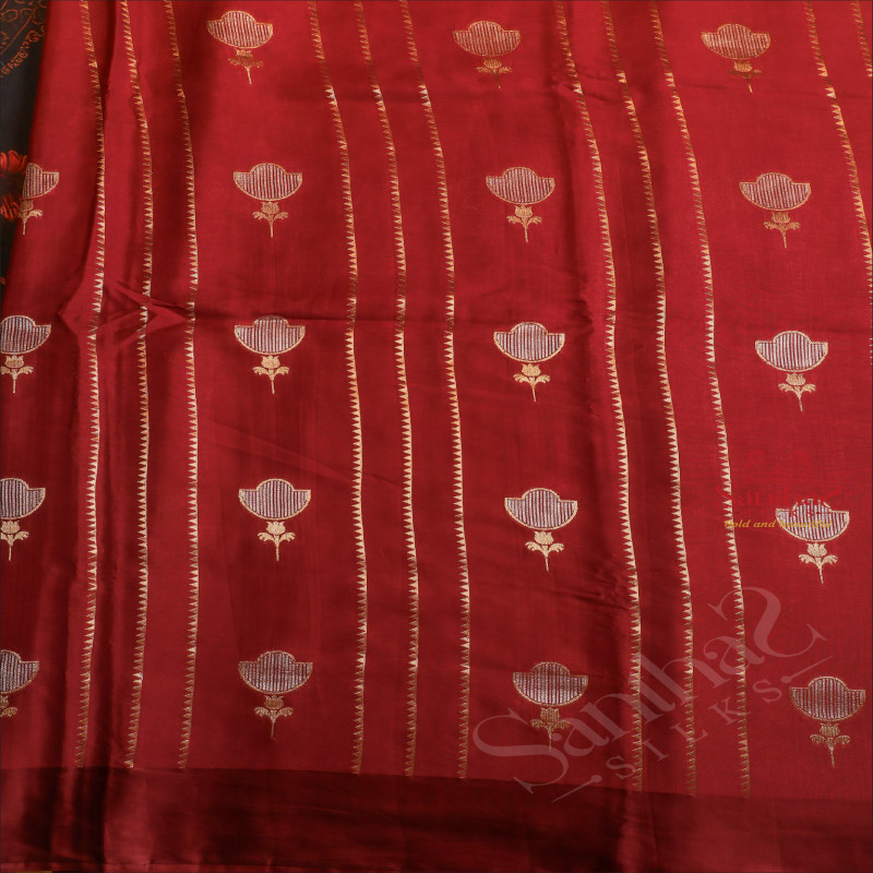 BLOOD RED COLOUR SATIN BANARAS SAREE WITH FLORAL BUTTA AND ZARI MOTIF WITH SELF BLOUSE