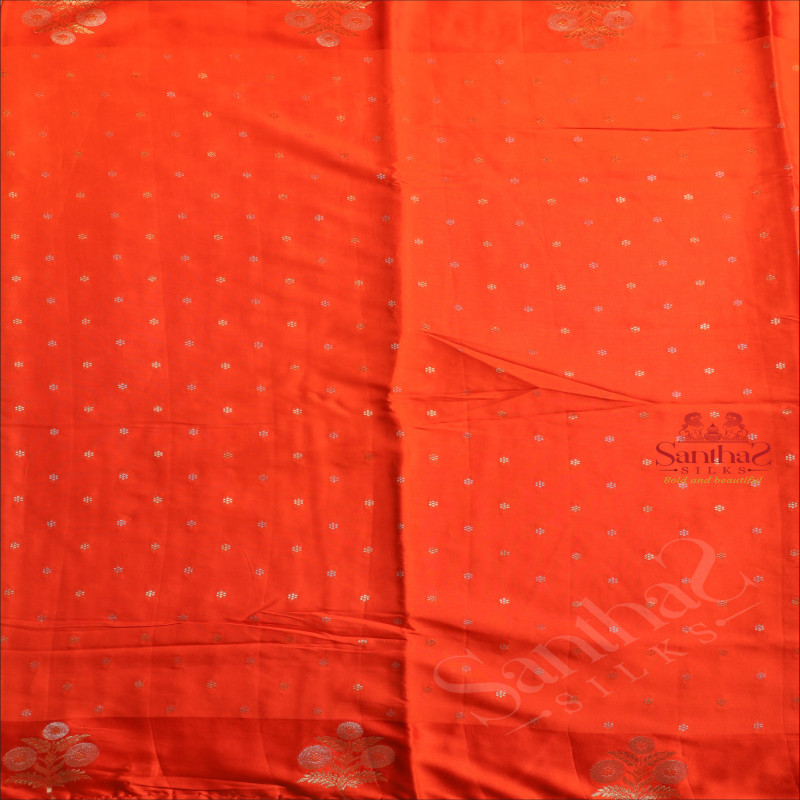 ORANGE COLOUR SATIN BANARAS SAREE WITH ZARI MOTIF AND FLORAL BUTTA BORDER WITH SELF BLOUSE