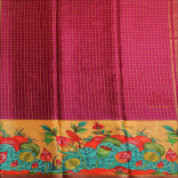 RED VIOLET COLOUR CHECKED MYSORE SILK SAREE WITH DIGITAL PRINT BORDER AND BLOUSE