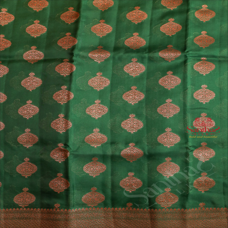 BOTTLE GREEN COLOUR KORA ORGANZA SAREE WITH ZARI BUTTA WITH SELF BLOUSE