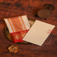 WHITE COLOUR PURE SILK FABRIC SHIRT + DHOTI + TOWEL