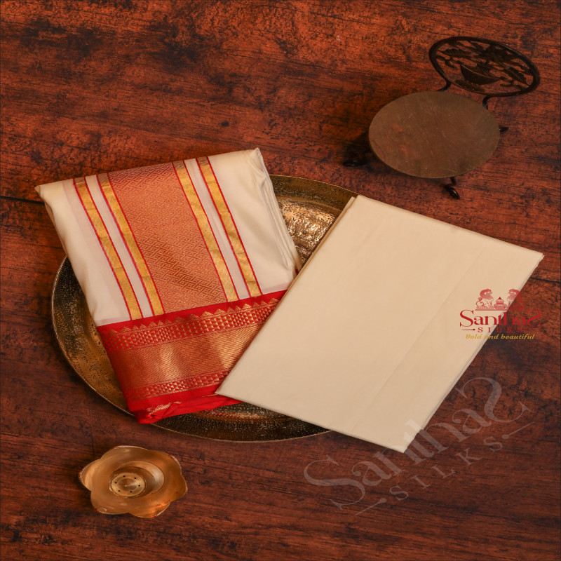 WHITE COLOUR PURE SILK FABRIC SHIRT + DHOTI + TOWEL