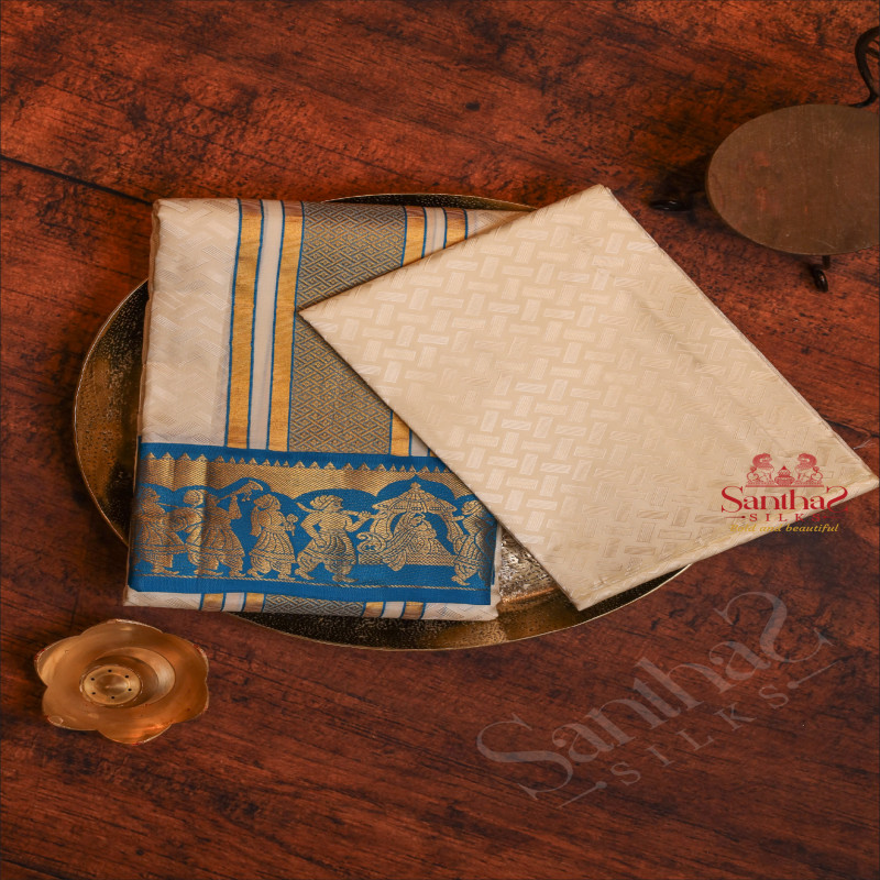 WHITE COLOUR PURE SILK FABRIC SHIRT + DHOTI & TOWEL