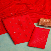BLOOD RED SEMI TUSSAR UNSTITCHED SALWAR SUIT