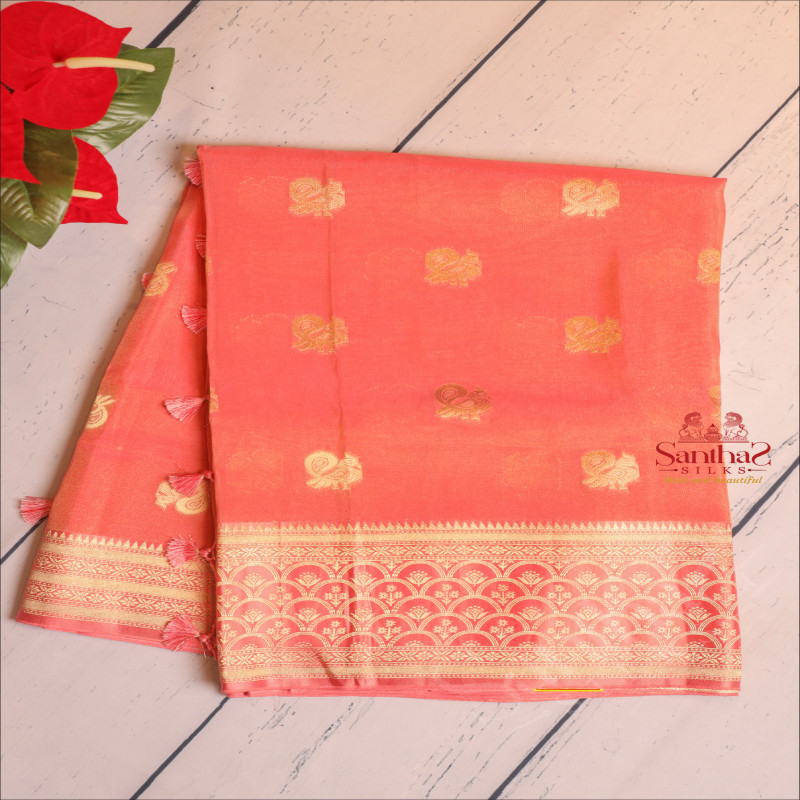 SATIN BANARAS SAREE IN PEACH COLOUR