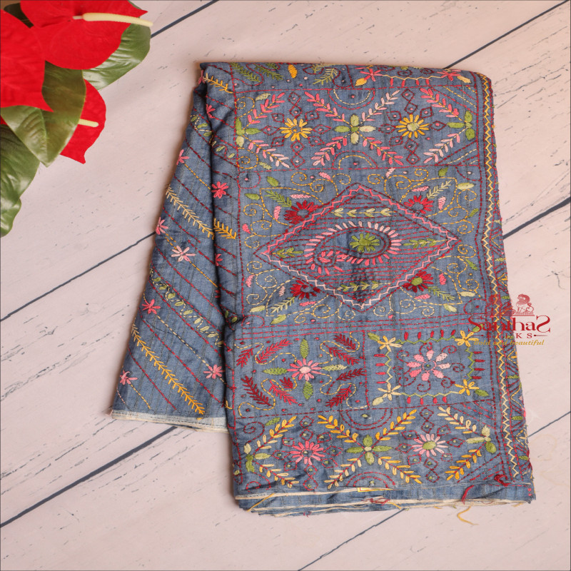 SEMI TUSSAR SAREE WITH LAMBANI WORK IN ELEPHANT GREY COLOUR 