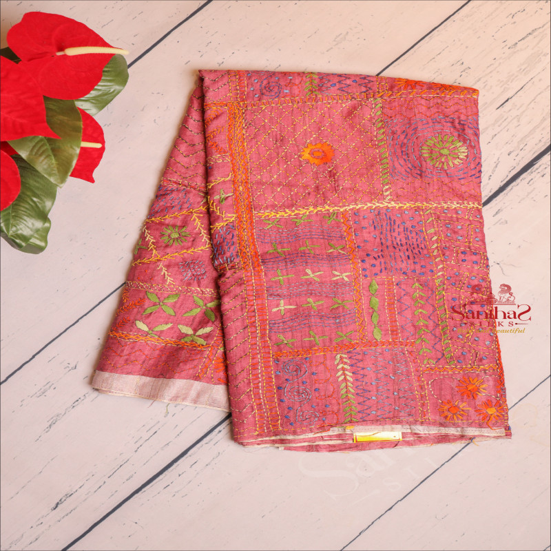 SEMI TUSSAR SAREE WITH LAMBANI WORK IN FANDANGO PINK 