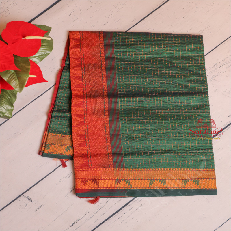  SILK COTTON SAREE WITH CHECKS & BUTTAS IN DARK GREEN COLOUR