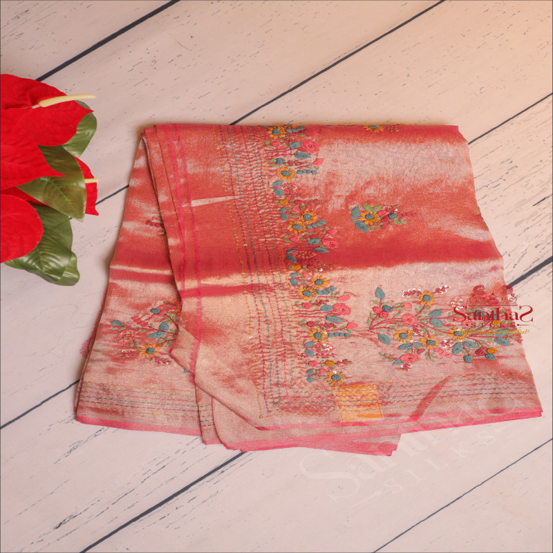TISSUE SAREE WITH HAND EMBORIDERY WORK IN ROSE & GOLDEN COLOUR MIXED 
