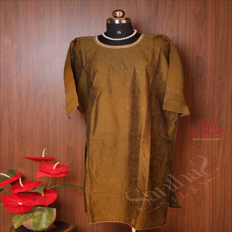 MEHENDI GREEN CHANDERI SILK SEMI - STITCH SUIT WITH KALAMKARI DUPATTA