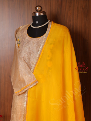 golden-tissue-semi-stitched-suit-with-embroidered-patch-work