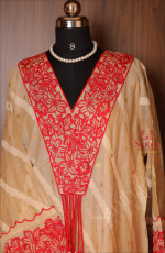 SANDAL BEIGE CHANDERI SEMI - STITCHED SUIT WITH EMBROIDERED YOKE