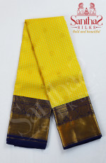 Yellow Checks Pure Silk Saree with Navy Blue Border