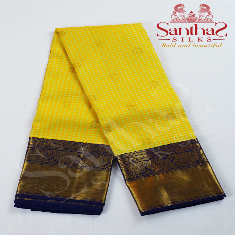 Yellow Checks Pure Silk Saree with Navy Blue Border