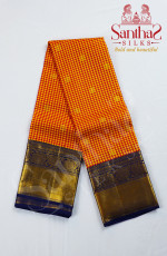 Pink with Yellow Checks Pure Silk Saree with Navy Blue Border