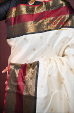 IVORY WHITE KANJIVARAM SILK SAREE WITH RICH BLACK ZARI BORDER