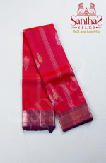 Pinkish Orange Double Shade Pure Silk Saree with Wine Red Border, Gold, Copper, Silver Buttas in it