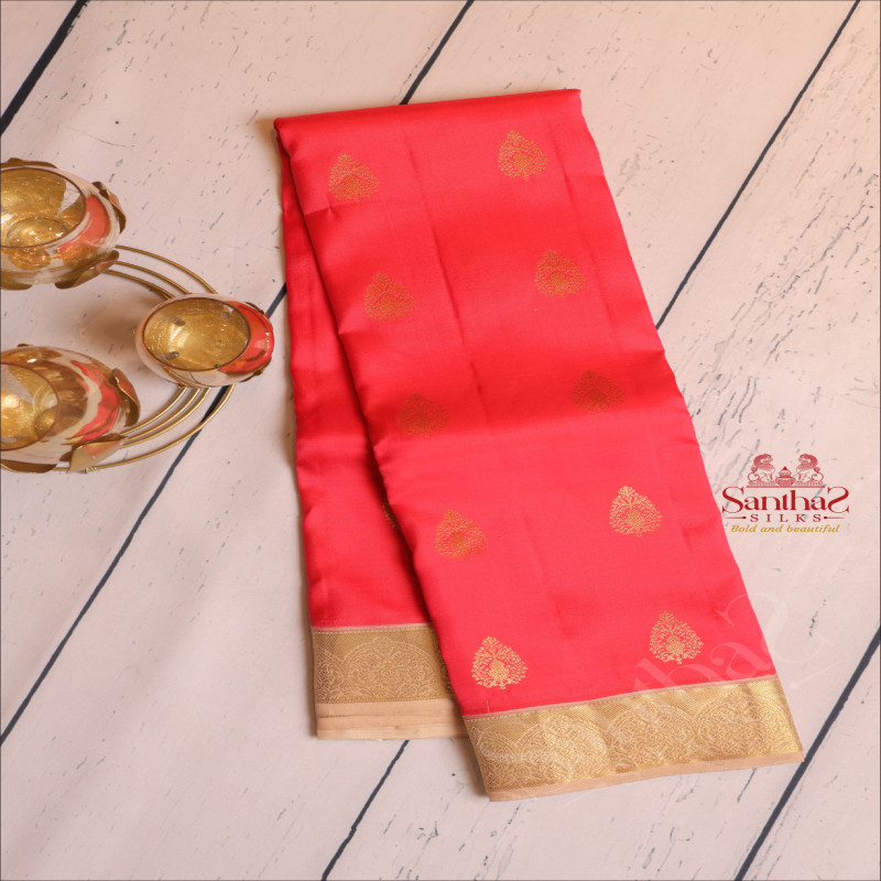 CORAL RED COLOUR BODY WITH GOLDEN ZARI BUTTAS AND CONTRAST PALLU & BLOUSE