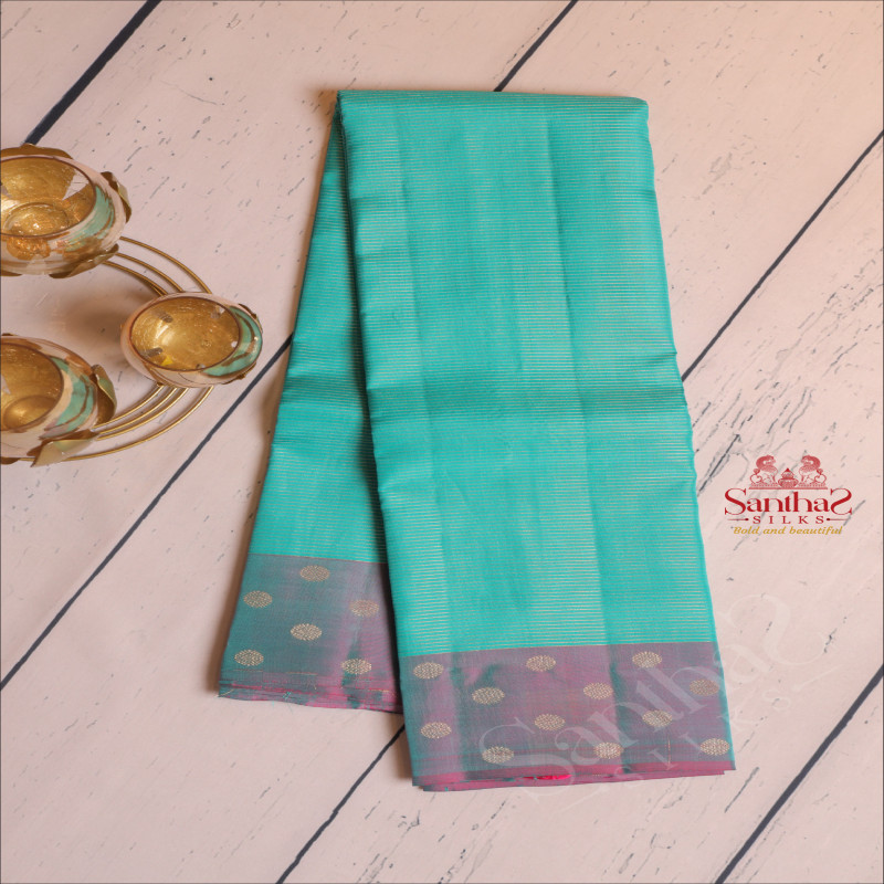 PERSIAN GREEN COLOUR BODY WITH VAIRA OOSI PATTERN GOLDEN ZARI LINES AND CONTRAST PALLU & BLOUSE