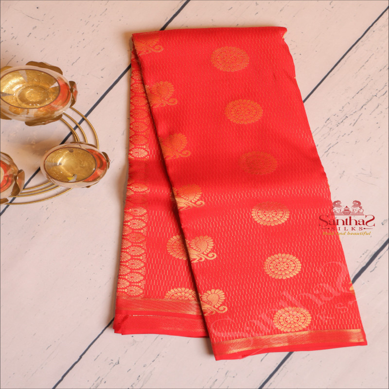 BRIGHT RED COLOUR BODY WITH CHAKRA MOTIFS & LINES BUTTAS AND SELF COLOUR PALLU & BLOUSE