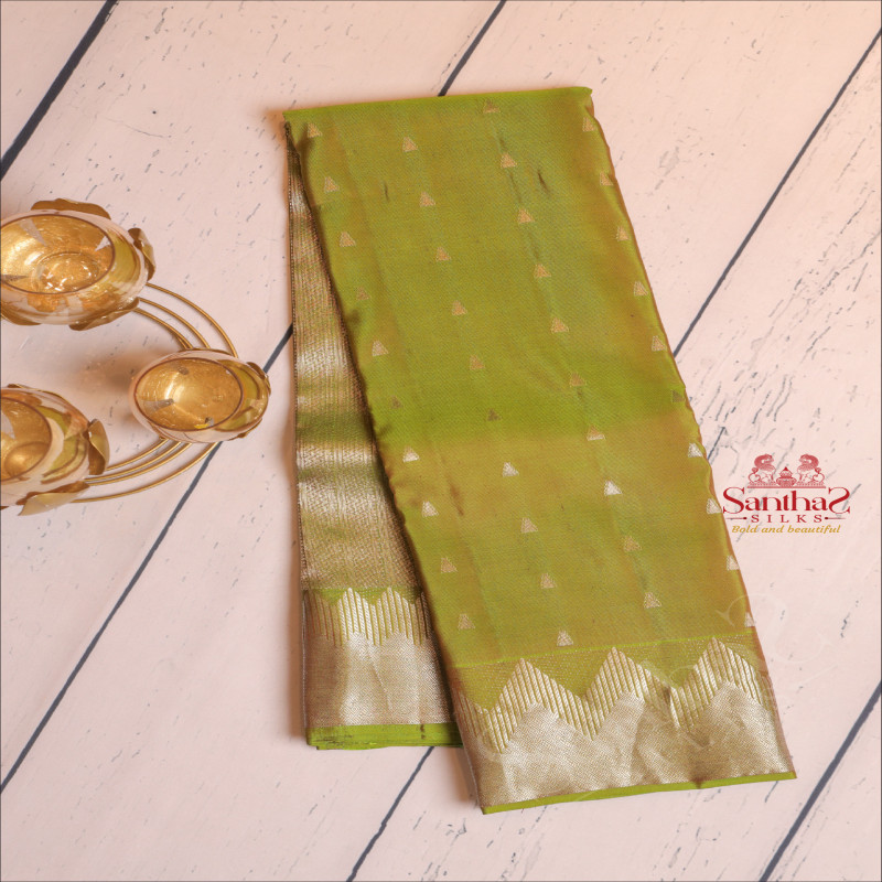 GREEN APPLE COLOUR BODY WITH SILVER ZARI BUTTAS AND SELF COLOUR BLOUSE & BORDER WITH GOPURAM DESIGN