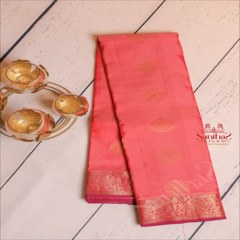 PEACH COLOUR BODY WITH GOLDEN ZARI BIG BUTTA WITH CONTRAST BLOUSE & BORDER