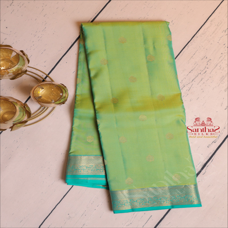 MINT GREEN COLOUR BODY WITH GOLDEN ZARI BUTTAS AND CONTRAST PALLU & BLOUSE