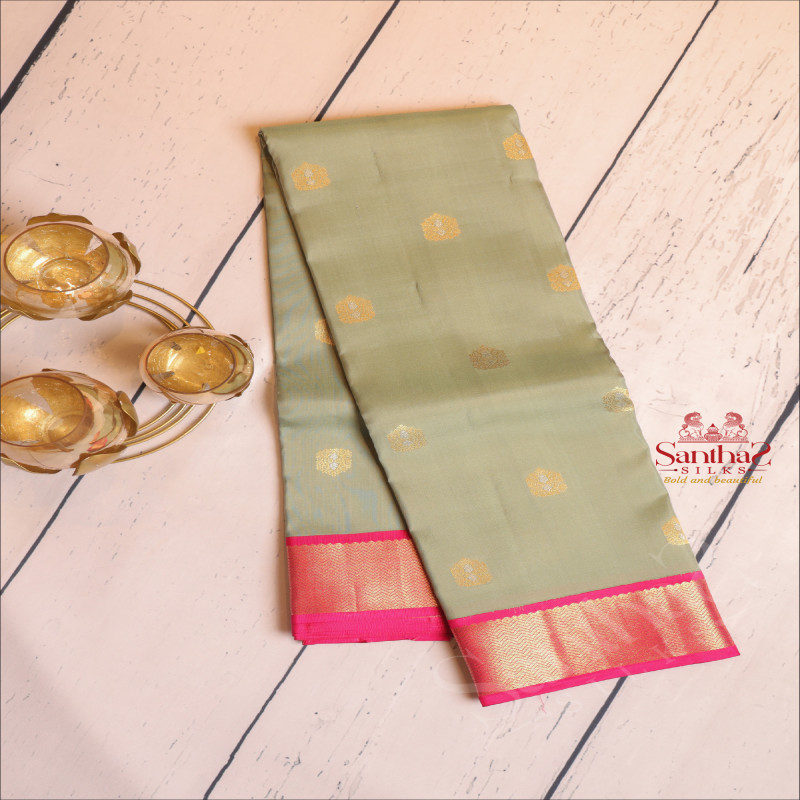 GRANNY SMITH APPLE GREEN COLOUR BODY WITH GOLDEN & SILVER ZARI BUTTAS AND CONTRAST PALLU & BLOUSE