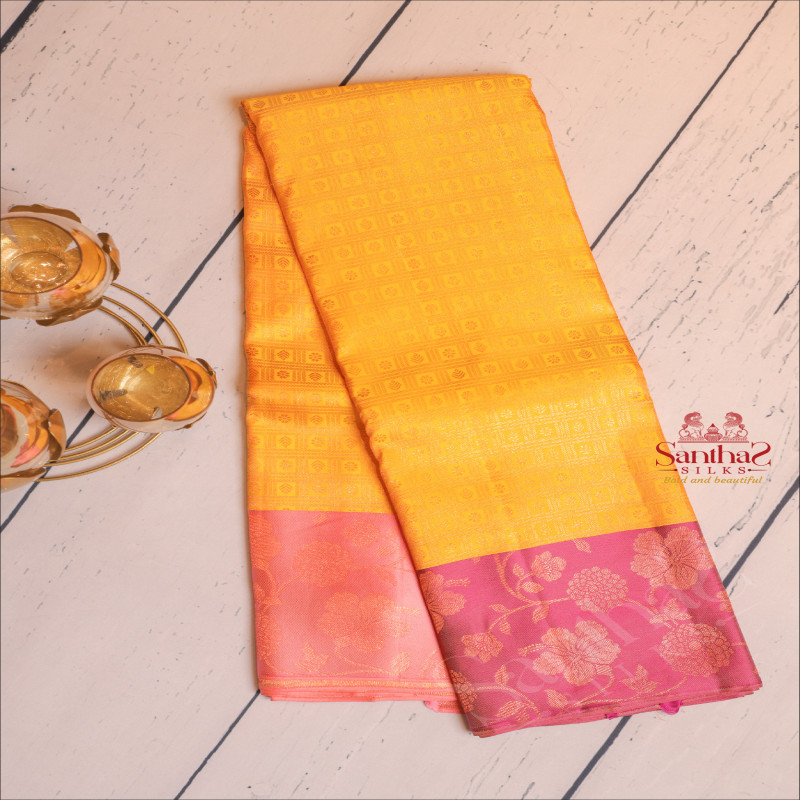 NEON YELLOW COLOUR BODY WITH COPPER ZARI FANCY DESIGN AND CONTRAST PALLU & BLOUSE