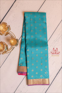 teal-blue-colour-body-with-golden-zari-buttas-and-contrast-pallu-blouse