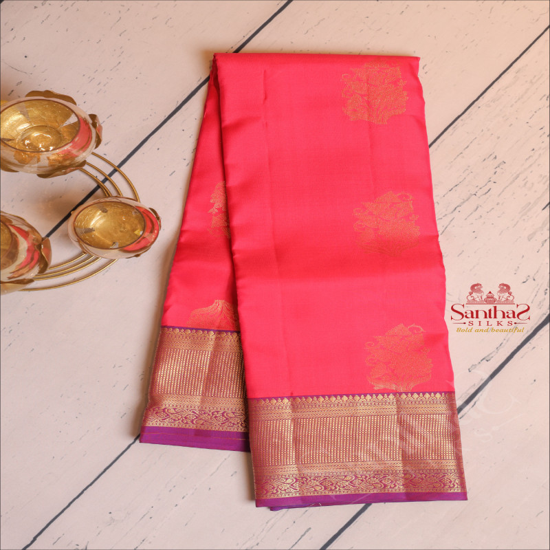 RANI PINK COLOUR BODY WITH GOLDEN ZARI FLOWER MOTIFS AND CONTRAST PALLU & BLOUSE