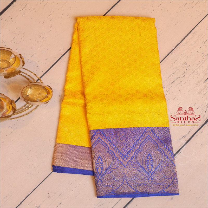 BRIGHT YELLOW COLOUR BODY WITH GOLDEN ZARI BUTTAS AND CONTRAST PALLU & BLOUSE